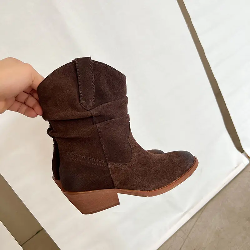Western Boots Women Cow Suede Fashion Skin Lining Round Toe Ladies Street Sewing Boot Khaki Brown 5cm Block Heeled Ankle Boots image 5