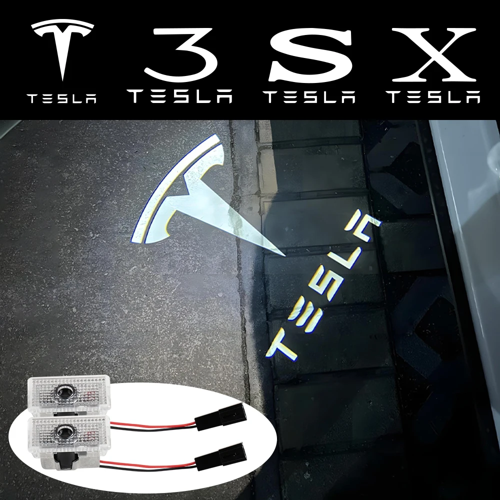 2/4 peças Projetor de Logotipo LED para Porta de Carro, Luz de Boas-Vindas HD, Luz de Sombra Fantasma a Laser 3D para Tesla Model Y 3 S X, Acessório Automotivo