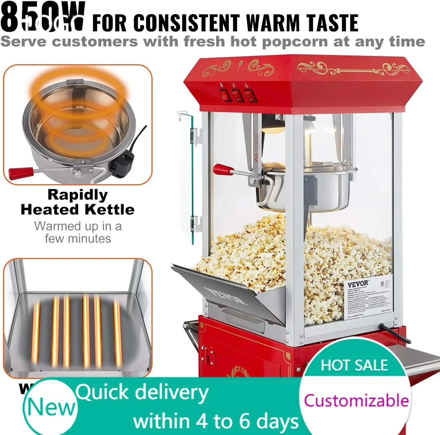 Commercial Popcorn Machine, 8 Oz Kettle, 850 W Popcorn Maker on Wheels for 48 Cups per Batch, Theater Style Popper with 3-Switch
