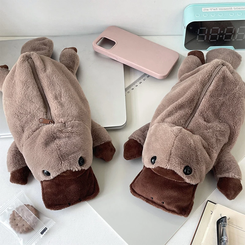 Estuche de lápices Platypus de dibujos animados, bolsa de bolígrafo de felpa, bolsa de almacenamiento multifuncional de gran capacidad, suministros escolares
