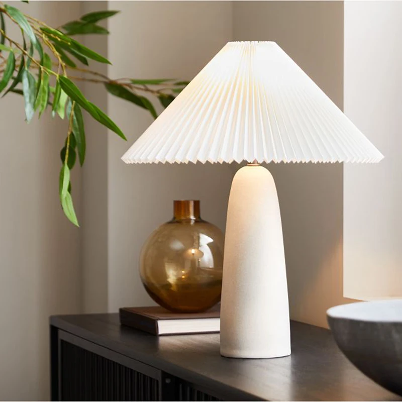 Cream Style Ceramic Floor Lamps Pleated Cloth Lampshade Children's Desktop LED Reading Night Lights Living Room Bedsides Fixture