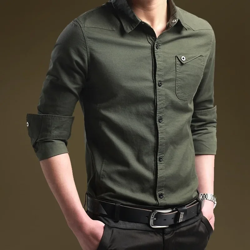 Slim Fit Korean Style Versatile Business Casual Shirt Casual Large Size Solid Color T-shirt New Cotton Male Long Sleeve Men