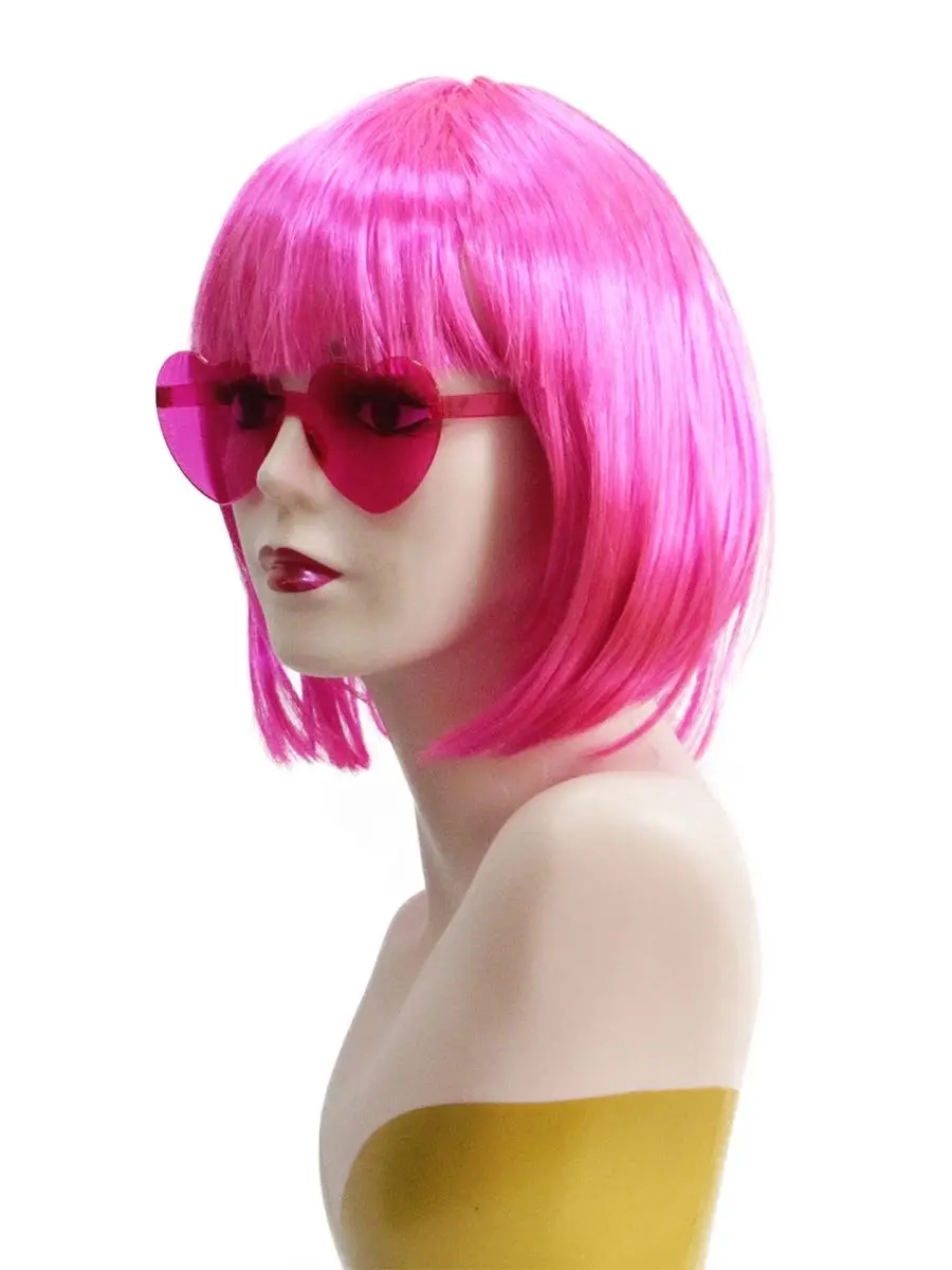 Hot Pink Kurze Bob-Perücke aus Synthetik mit Pony Retro Y2K Damen Junggesellinnenabschied Halloween Club Karneval Cosplay Party – Detail 2