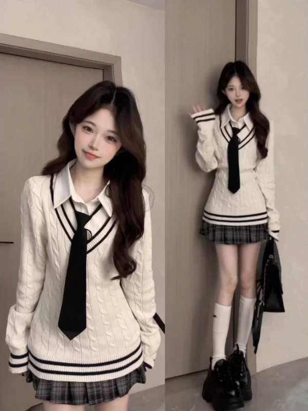 

Korean Sle Large Size Knitted Ne Sweater Fake Two-Piece College Sle Women's Long Sve Striped Top Autumn Winter ...