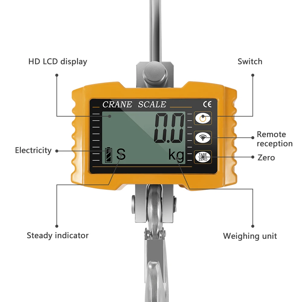 LCD Digital Hanging Scale Crane Scale 1000kg Portable Industrial Electronic Scale Heavy Duty Weight Hook-Hanging Scale Weighing