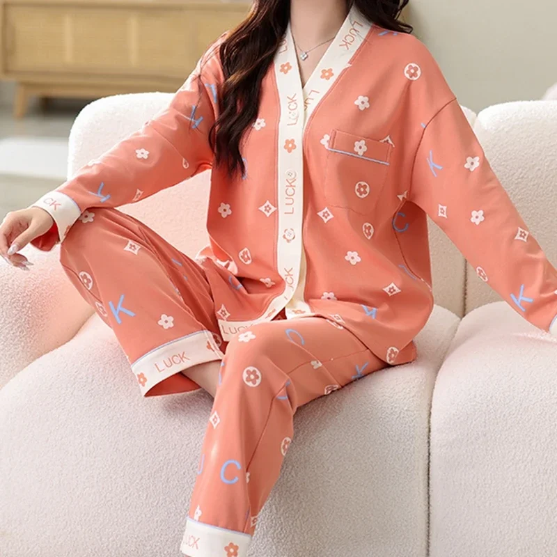 Fashion Chic Women Pajamas Set Autum Winter New Faux Cotton Long Sleeves Sleepwear for Lady Elegant Homesuits Kimono Lapel Pjs