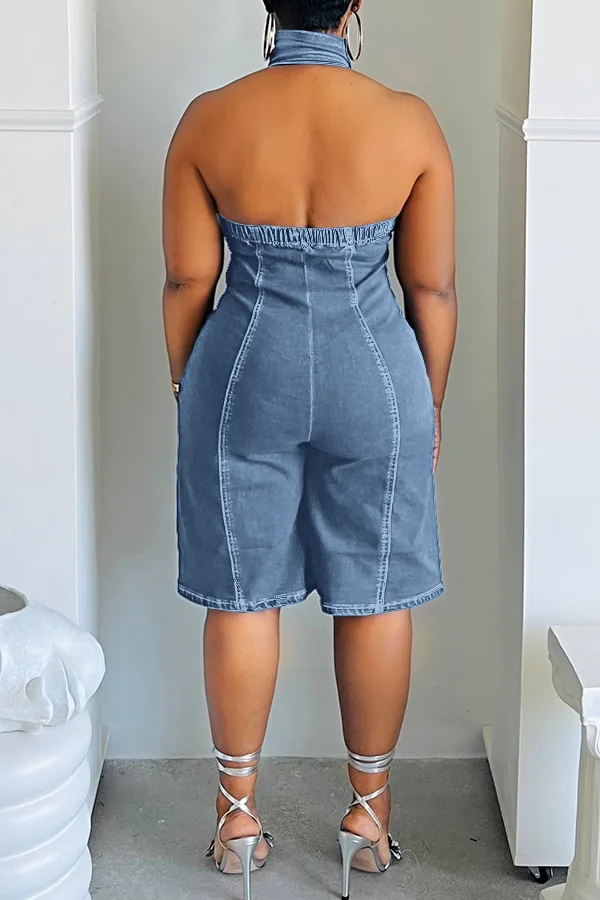 Denim Jumpsuit Women Sleeveless Halter Neck Zipper Playsuits Jean 2024 Fashion Summer street One Piece Outfit Backless Rompers