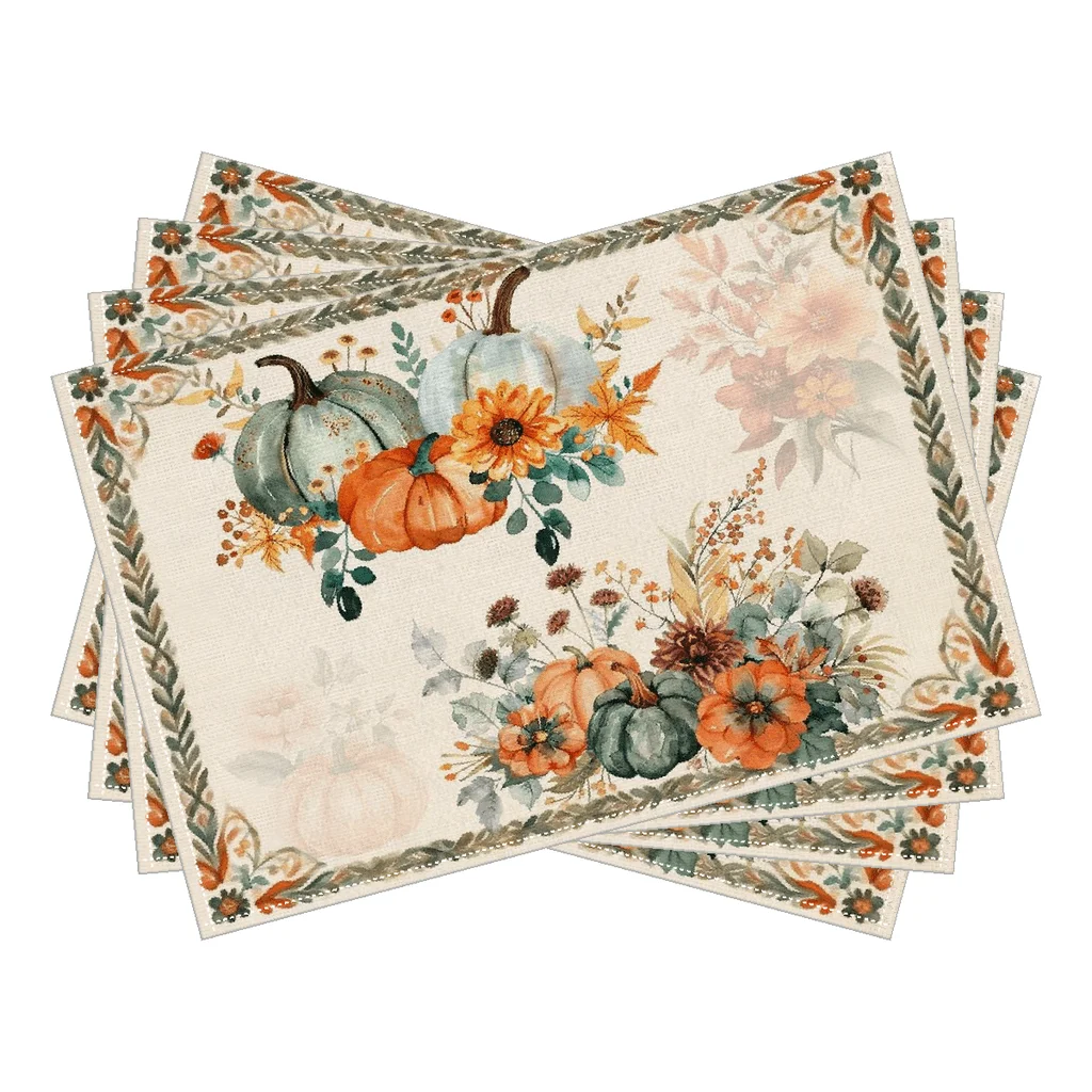 Set of 4pcs Autumn-Themed Placemats Polyester Without Embroidery Featuring Pumpkin And Leaf Designs, Creating a Cozy