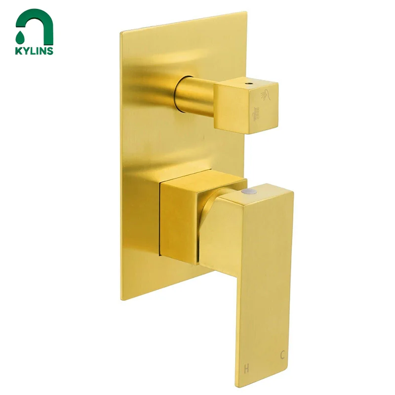 KYLINS home accessory WaterMark Square Brushed Gold Wall Shower Mixer with 2 Ways Diverter Concealed wall faucet. KSQ202.BG