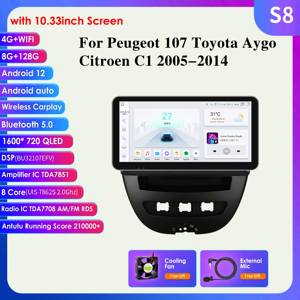 10.1 ''10.33'' 2din Autoradio Android Voor Peugeot 107 2005 - 2014 Citroen C1 Toyota Aygo Multimedia Videospeler Carplay 4G Gps