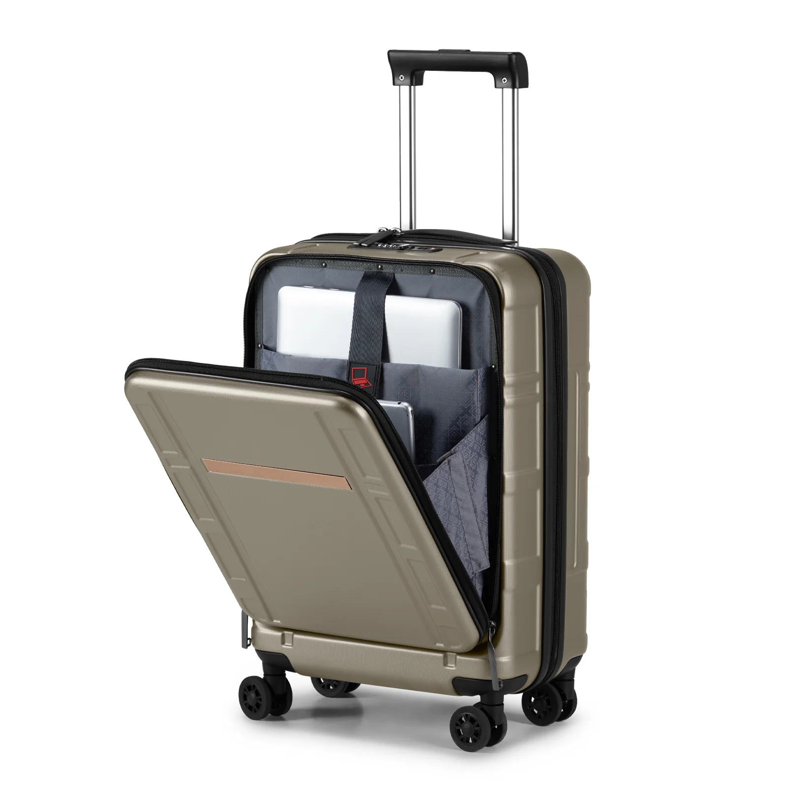 22 X 14 X 9 Airline Approved, ABS+PC 20 Inch Luggage with Front Compartment, Double Spinner Wheels, TSA Lock，Khaki Color