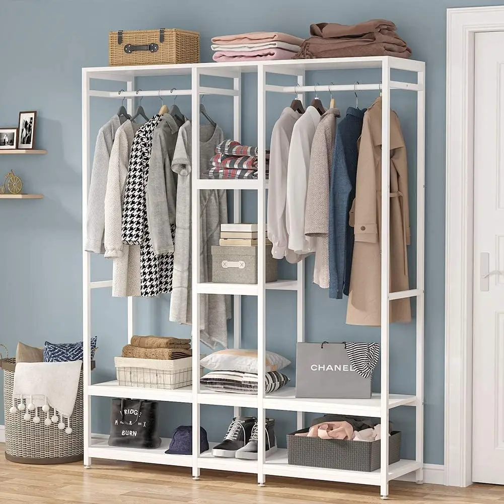 Double Rod Free Standing Closet Organizer, armazenamento de roupas com prateleiras, Garment Rack, Heavy Duty, Roupeiro