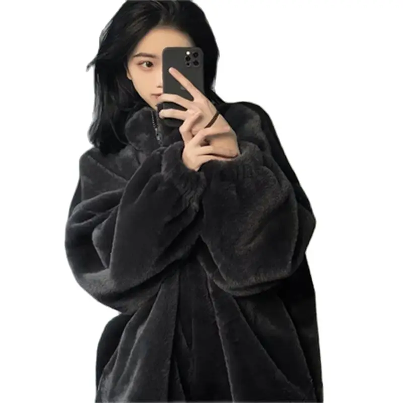 

Black Rex Rabbit Fur Coat Female Winter 2023 New Style Fur Fur Eomen's Voat Short Fashion Loose Slim Look Solid Color Commuting