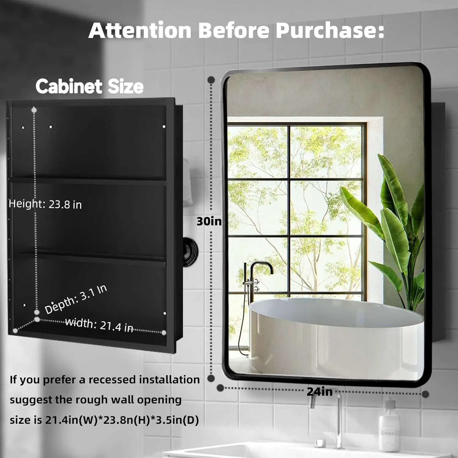 24 Inch x 30 Inch Black Metal Framed Bathroom Mirror Medicine Cabinet Rectangle Tilting Beveled Vanity Mirrors Recess or Surface