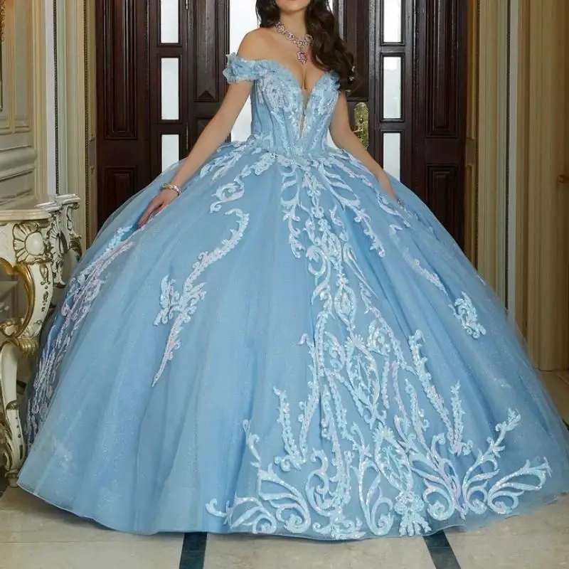 

Sky Blue Shiny Quinceanera Dresses Sequin Applique Lace Tull Off Shoulder Ball Gown Vestidos De 15 Años Sweet 16 Birthday Party