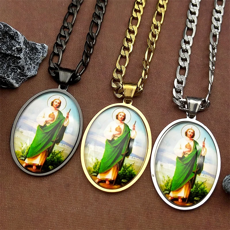 San Judas Tadeo-Medaillen-Anhänger-Halskette für Damen und Herren, Edelstahl, goldfarben, Heilige, Apostel Jesu, Amulett, Glaube, Schmuck – Detail 7