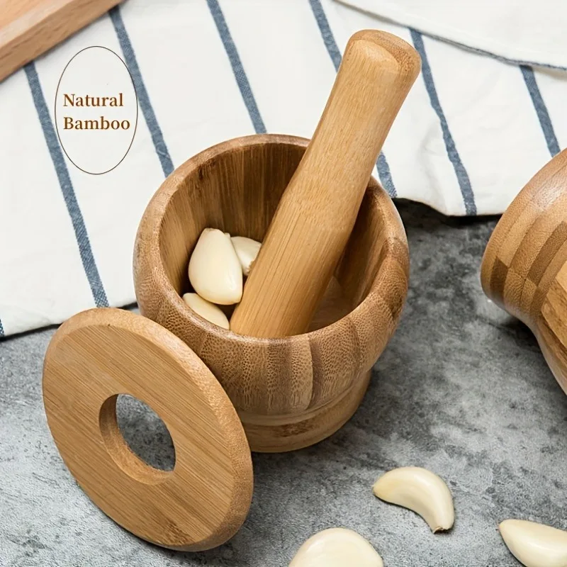 

1Set Premium Bamboo Garlic Mortar and Pestle-Effortless Spice Grinder for Garlic,Herbs, and Chili - Rust-resistant Kitchen Tool
