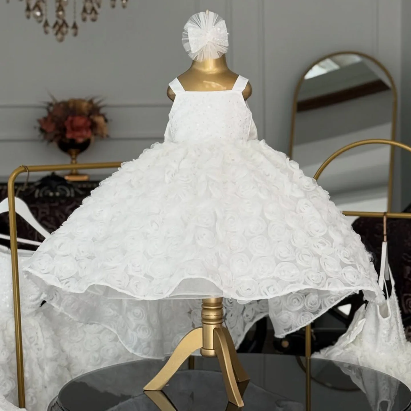 

Flower Girl Dress for Wedding Pearls Tulle Dresses Kids Princess First Communion Pageant Party Satin Bowknot Gowns Princess Gown