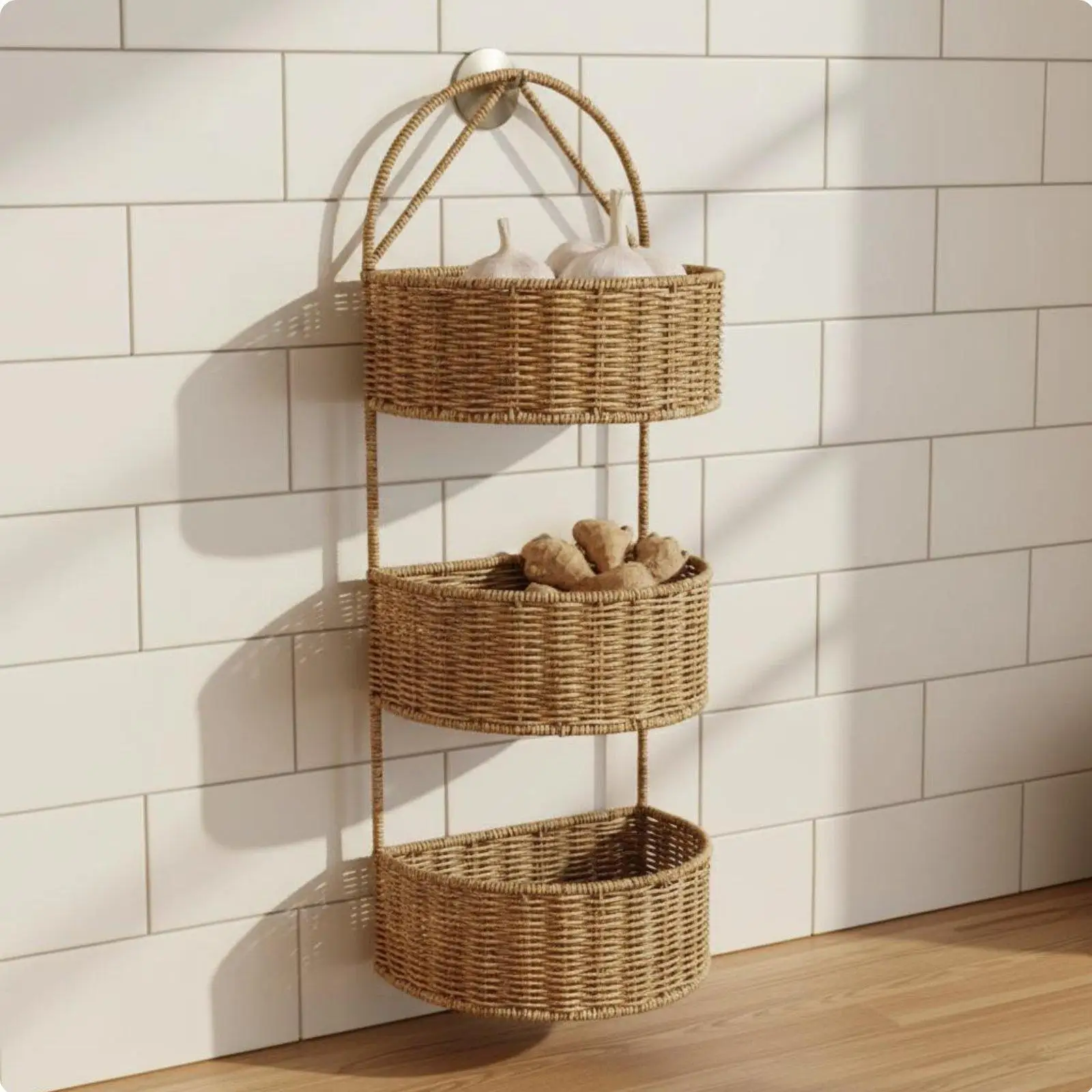 Tiered Wall Basket Space-Saving Faux Rattan Hanging Organizer Versatile 3 Tiers Hanging Basket for Kitchen, Living Room,