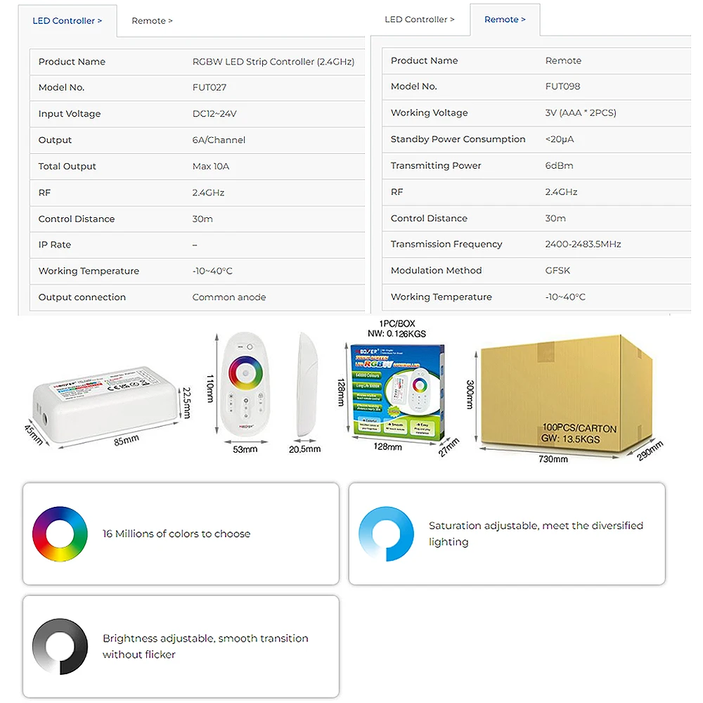 Ata boxer FUT027 DC12-24V 2.4GHzRF Tactile RGBW Luminosité et saturation contrôlable réglable Contrôleur Dim pour Bande Led/FCOB