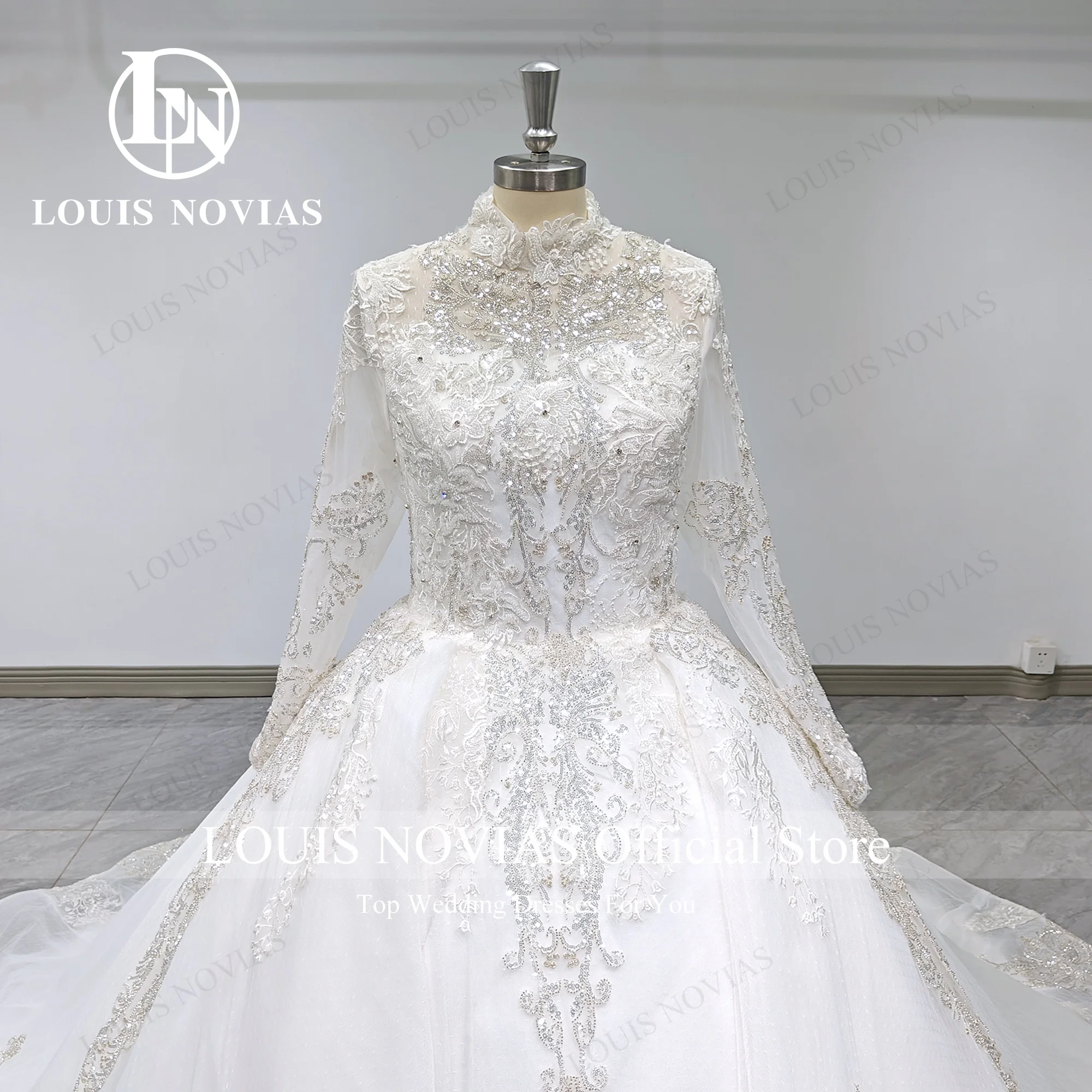 Suknia balowa LOUIS NOVIAS suknia ślubna 2024 prawdziwe zdjęcia wysoko długo rękaw haftowana cekinowa suknia ślubna koronkowa Vestidos De Novia