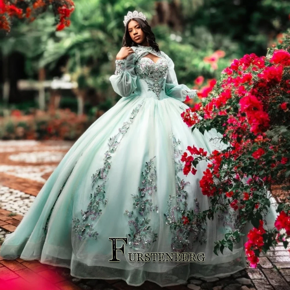 فساتين FURSTENBERG الجنية Quinceanera للنساء بأكمام طويلة وخرز مقطوع فستان مناسبة فيستدوس دي 15 أنوس مخصص #1