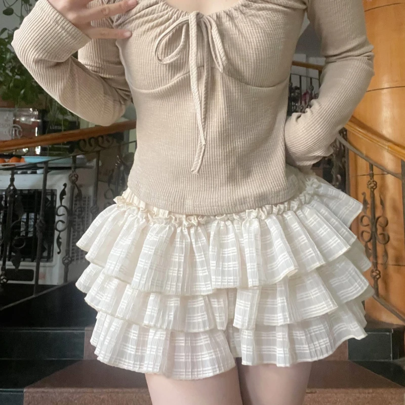 Deeptown Kawaii Lolita rok wanita celana pendek Ruffle Fairycore gaya Jepang rok Mini lucu manis berlapis Patchwork rok pendek