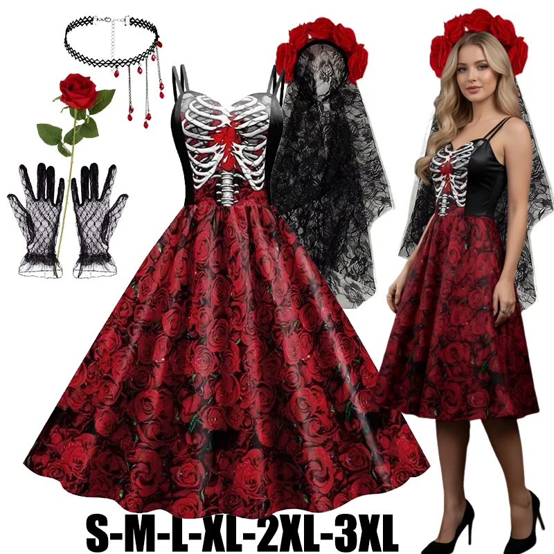 Frauen-Cosplay-Kostüm für Erwachsene, Halloween, ausgefallenes Skelett-Rosen-Print-Kleid, Mädchen-Karnevalsparty, weibliche Horror-Rockabilly-Kleidung