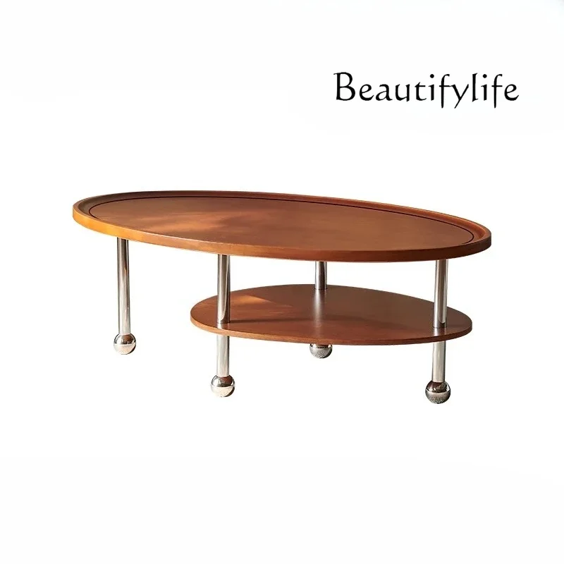 

NNstyle coffee table oval small apartment living room household all solid wood Nordic retro low table stainless steel tea table