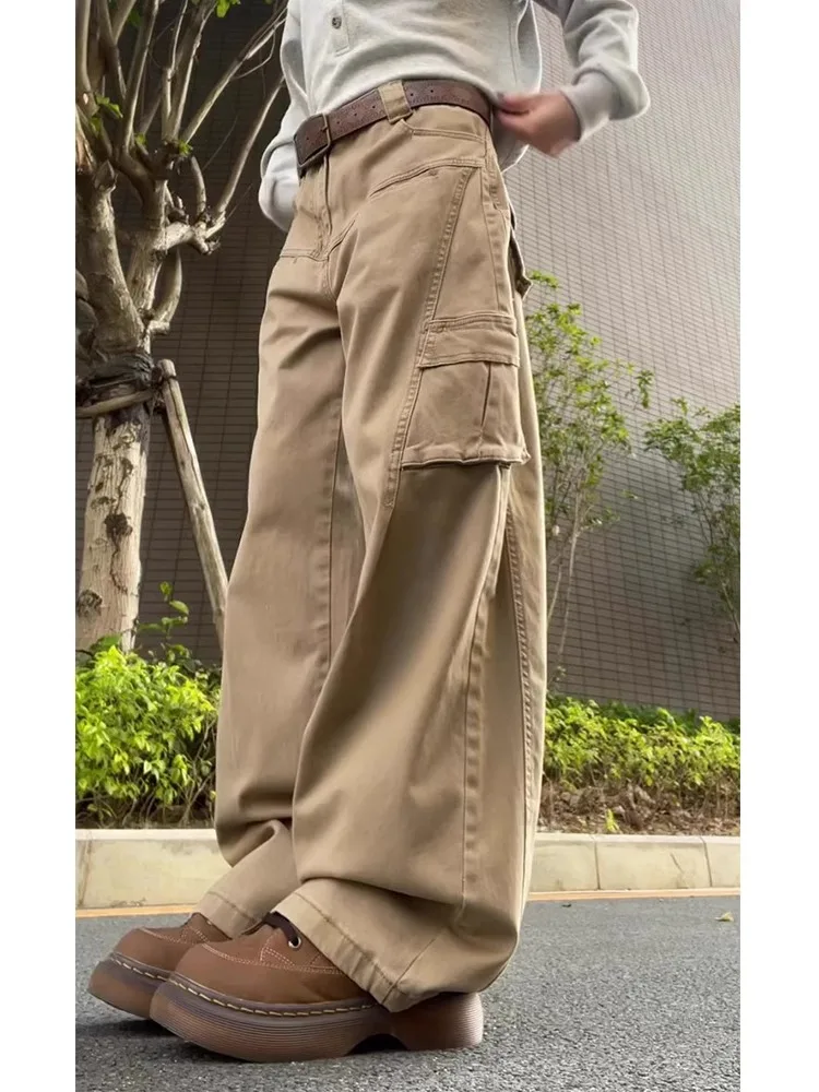 

Khaki Workwear Pants Men's High Street Casual Straight Leg Large ket Autumn Winter Loose Wide Leg Long Trousers
