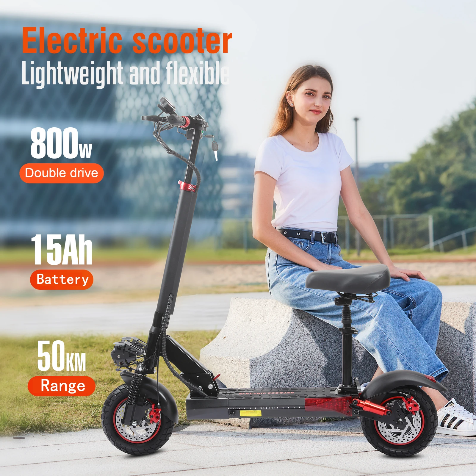 Black Electric Scooter With Seat For Adults 800W, 48V 15Ah Battery Foldable Commuter Electric Scooter