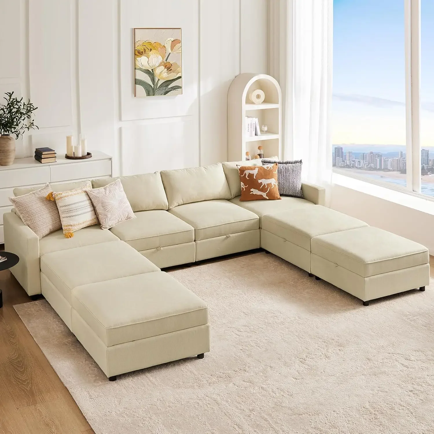 Convertible Sectional Sofa Couch with Storage, U-Shaped Modern Modular Sofa Sleeper with Ottoman, with Extra Deep Seats