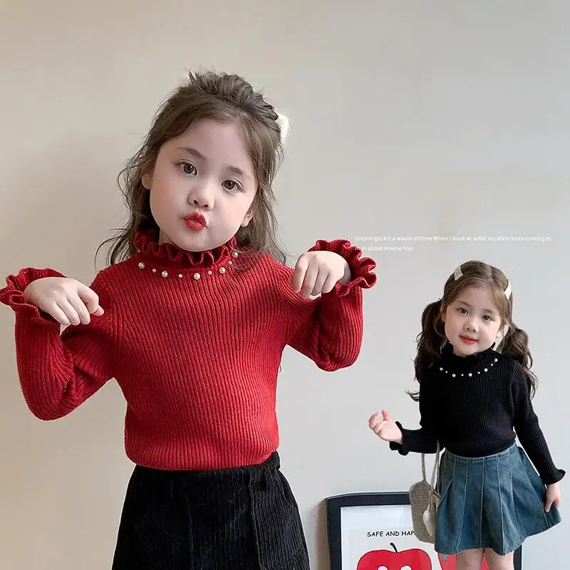 

Осенние кружевные топы для девочек, зимний свитер с круглым вырезом, базовый слой, универсальный детский теплый кавайный модный новый стиль, повседневная одежда