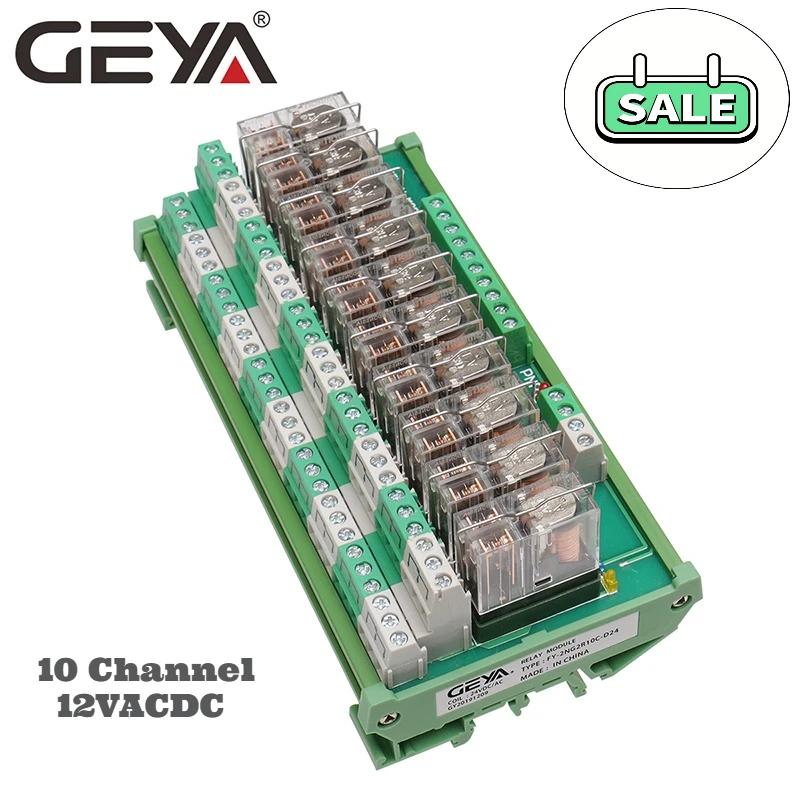 

Sale GEYA 2NG2R 10 Channel Relay Module PLC 2NO 2NC 12VACDC DPDT Relay Replaceable
