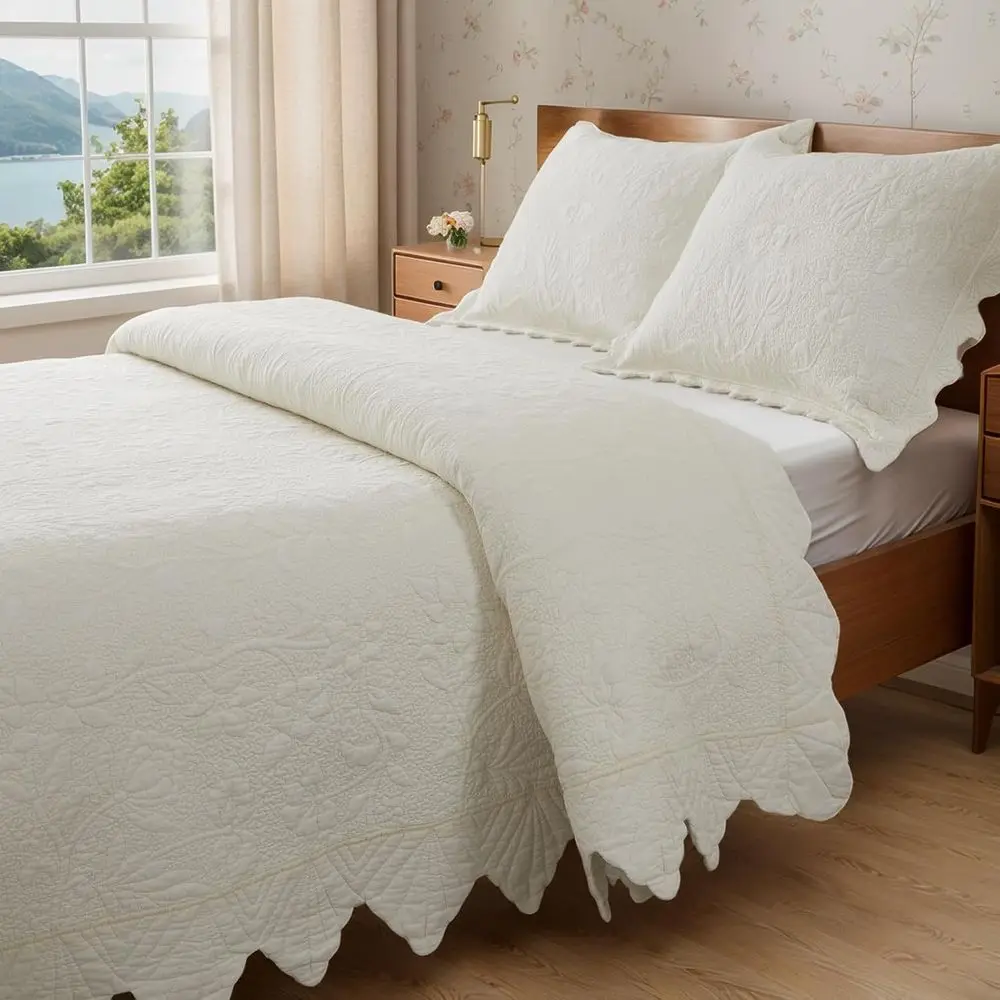 

Cream Yellow Cotton Twin Size Bedspreads Matelasse Coverlet Set with Scalloped Edges, 2-Piece