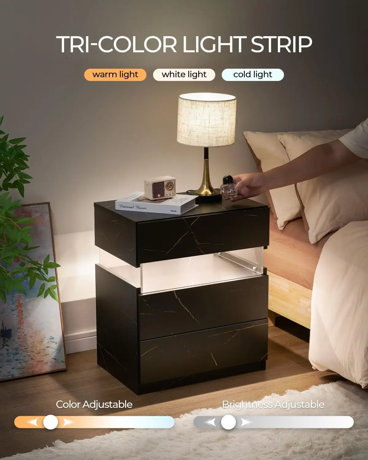 مجموعة منضدة LED مكونة من 2 قطعة مع 3 أدراج وطاولات بجانب السرير من الأكريليك الحديث لغرفة النوم