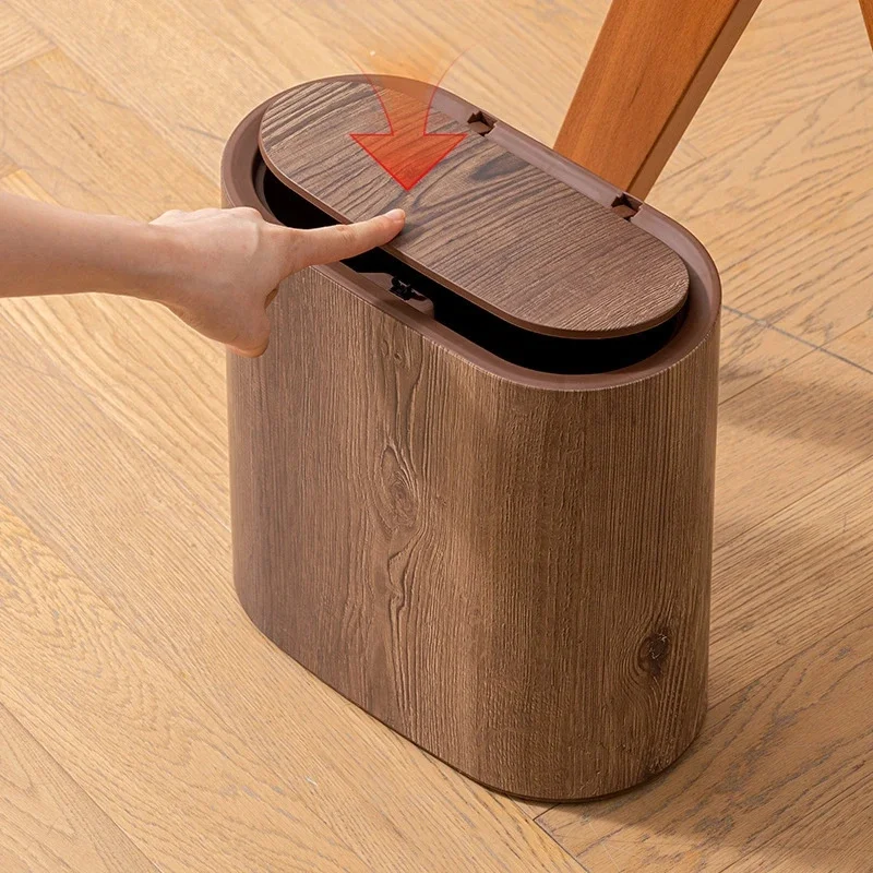 Faux Wood Grain Trash Can Slim Lid Large Capacity Bin For Bathroom Narrow Spaces Living Room Rustic Decor Gift For Small Homes