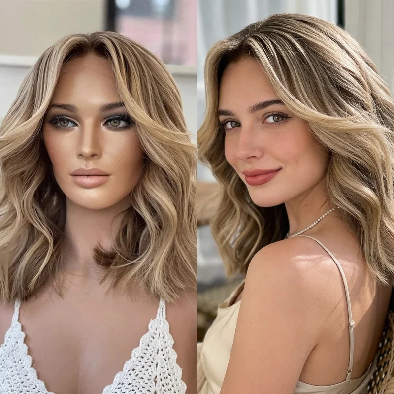 

Синтетический парик с омбре-оттенками: коричневый с блондными мелиями, HD-кружево спереди, для вечеринок и повседневной носки, невидимый HD-эффект, недорогой, легко надевается, короткий волнистый боб