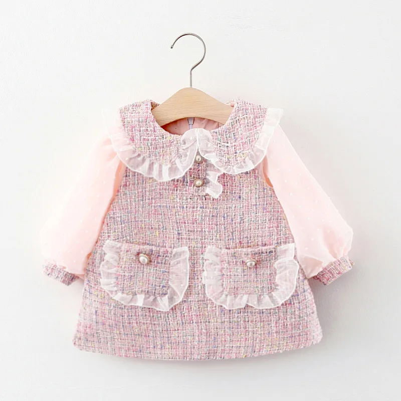 

Baby Girls Boutique Dress For Kids Fashion A-Line Clothing Toddler Pink Lace Tweed Long Puff Sleeve Causal Birthday Costume