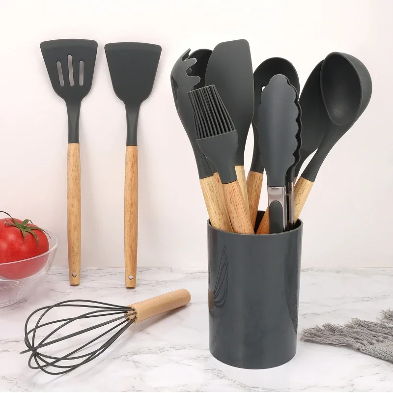 12Pcs Silicone Cooking Utensils Set Wooden Handle Non-stick Cookware Spatula Shovel Egg Kitchenware Beaters Kitchen Cooking Tool