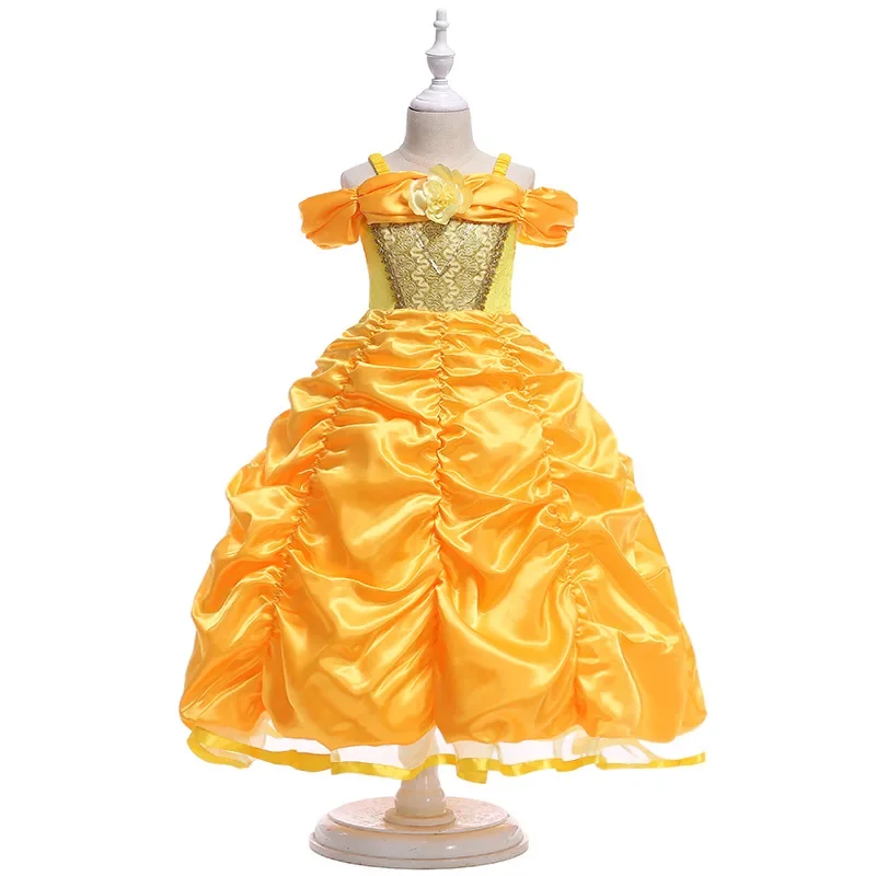 Vestido de princesa para niña, vestido de baile Floral amarillo, disfraz de Bella y La Bestia, vestido de Bella para fiesta