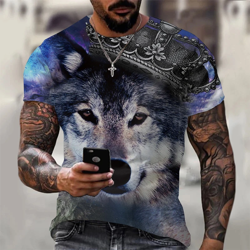 Men\'S T-Shirt Wolf Printing Short Sleeve Daily Street Tees Summer Leisure Fashion Trend Male Tops Loose Comfortable Men Clothing