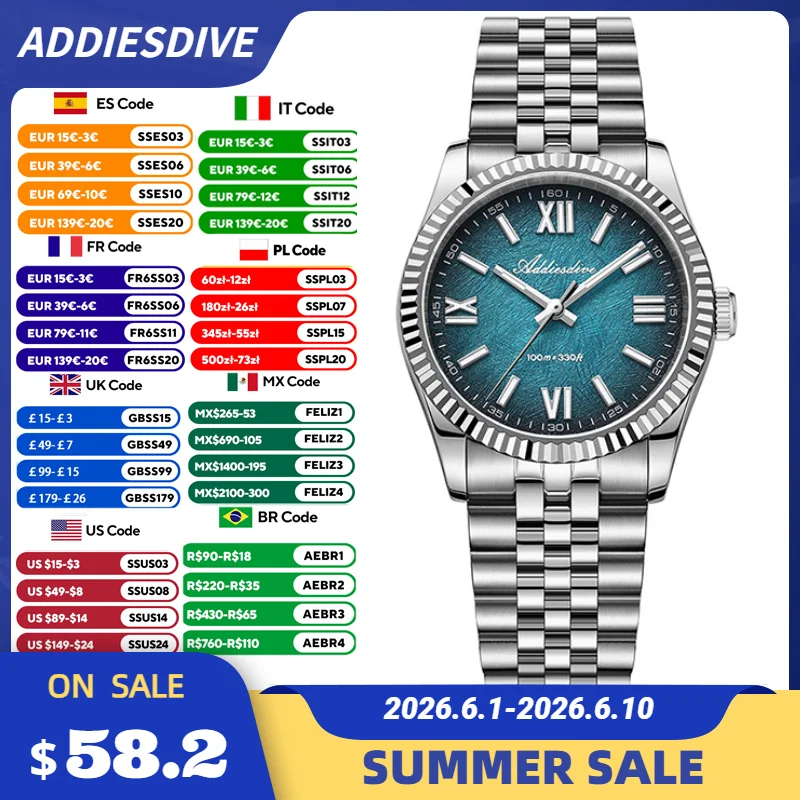 

ADDIESDIVE New AD2512 36mm Watch for Men Luxury Sapphire VH31 Quartz Wristwatch 100m Waterproof Stainless Steel Luminous Watche