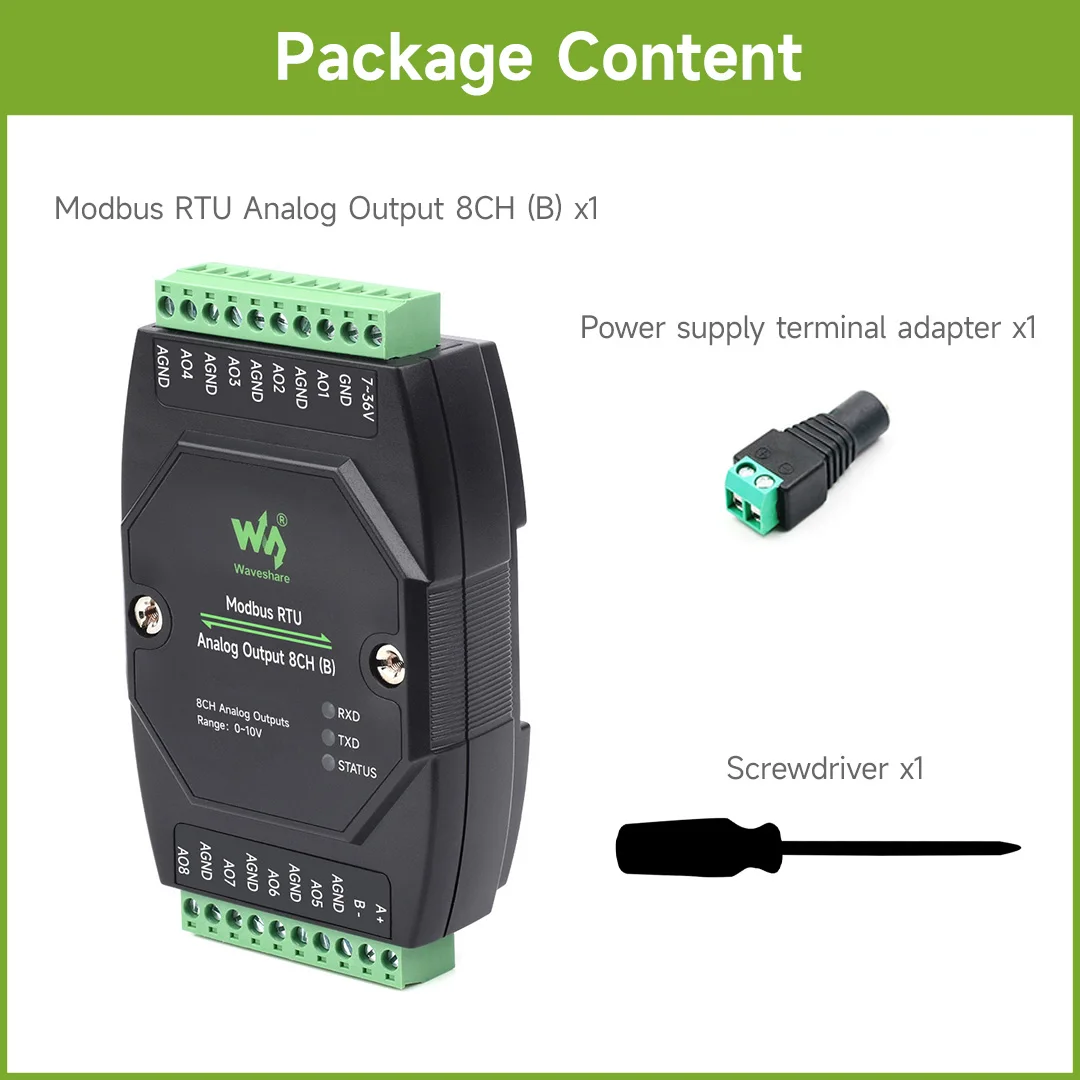 Waveshare Industrial 8-Ch Modbus RTU Analog Output Module DC 7~36V Wide Voltage Power Supply, Supports 8-ch Simultaneous Voltage