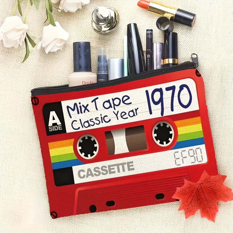 حقيبة مكياج بشريط كاسيت عتيق - منظم سفر قابل للطي مع سحاب وحقيبة مستحضرات تجميل لمحبي الموسيقى