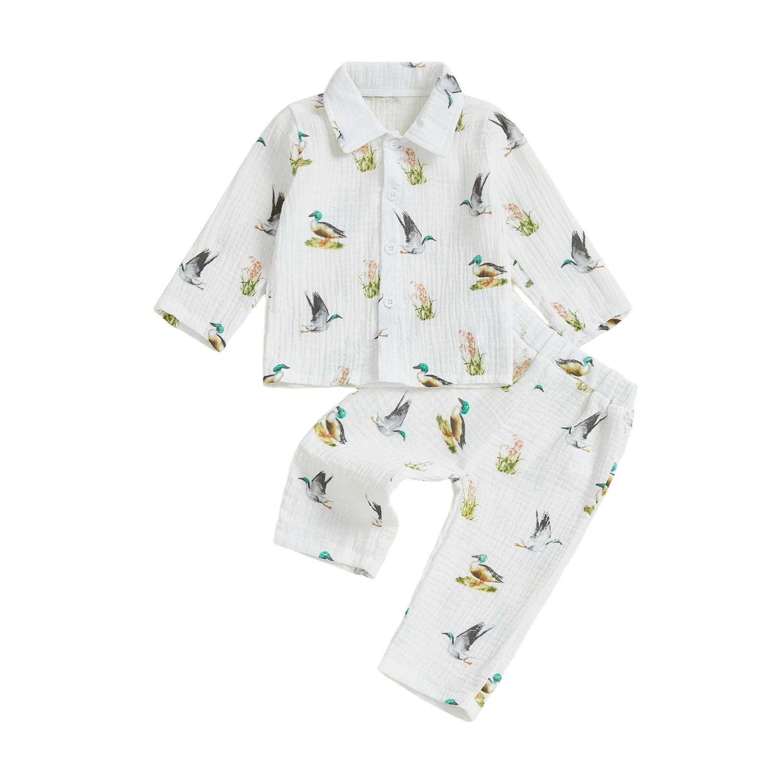 

Toddler Baby Clothing Set Fashionable Long Sleeve Lapel Duck Printed Shirts with Pants 2 Pcs Fall Outfit