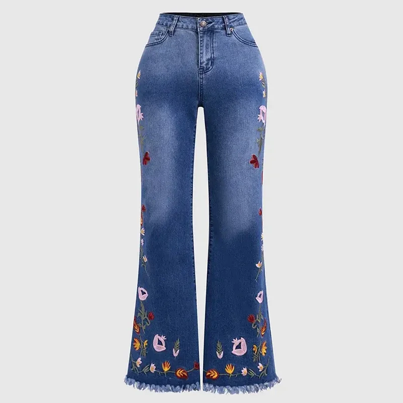 Fashion Comfortable High Stretch Slim Fit Flared Jeans for Women Elegant Embroidered Splicing Pockets Tassel High Waist Jean
