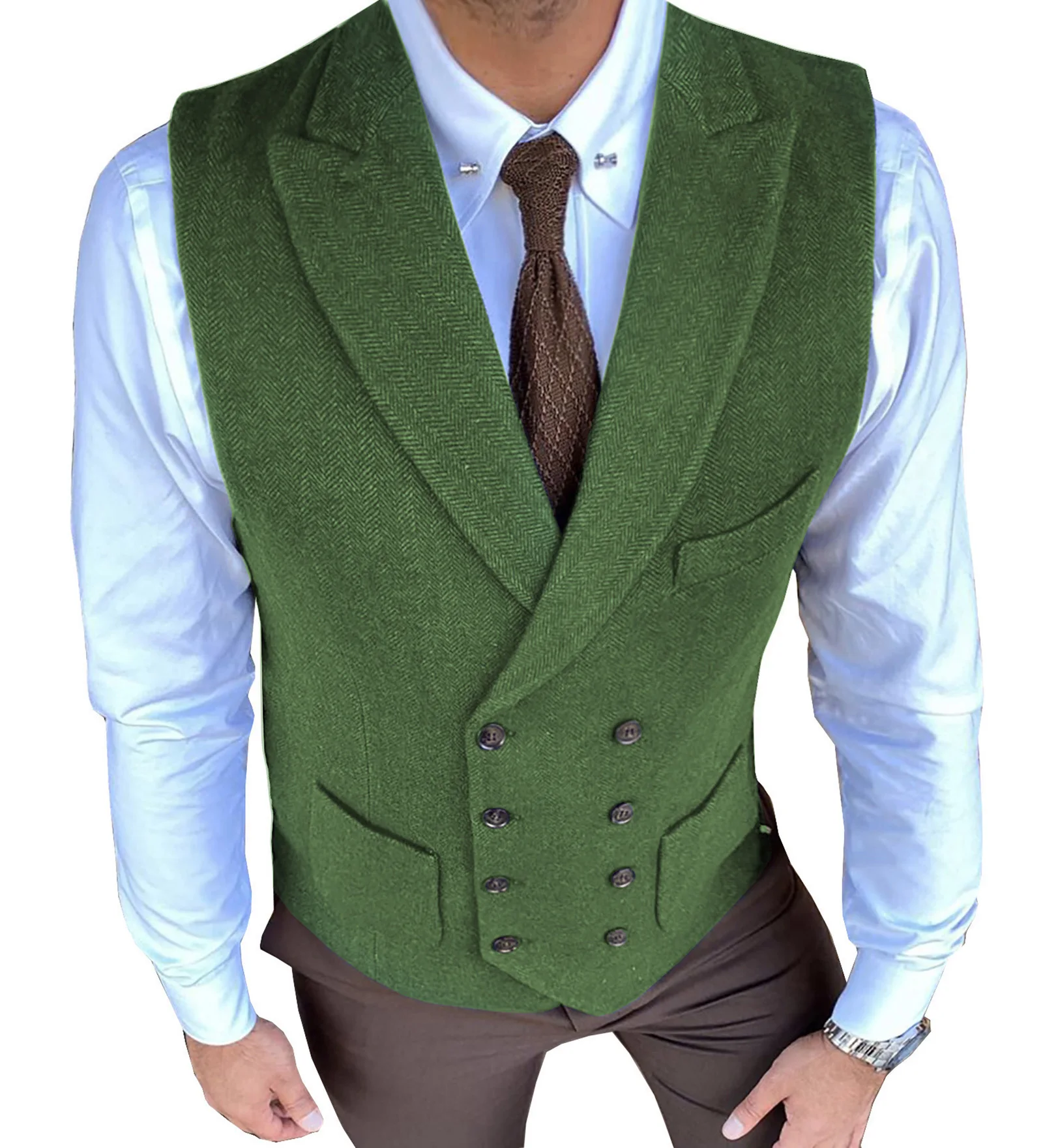 Herringbone Men\'s Vest Casual Double Breasted Suit Vest Herringbone Pattern Notch Lapel Waistcoat for Groomsmen for Men Vest