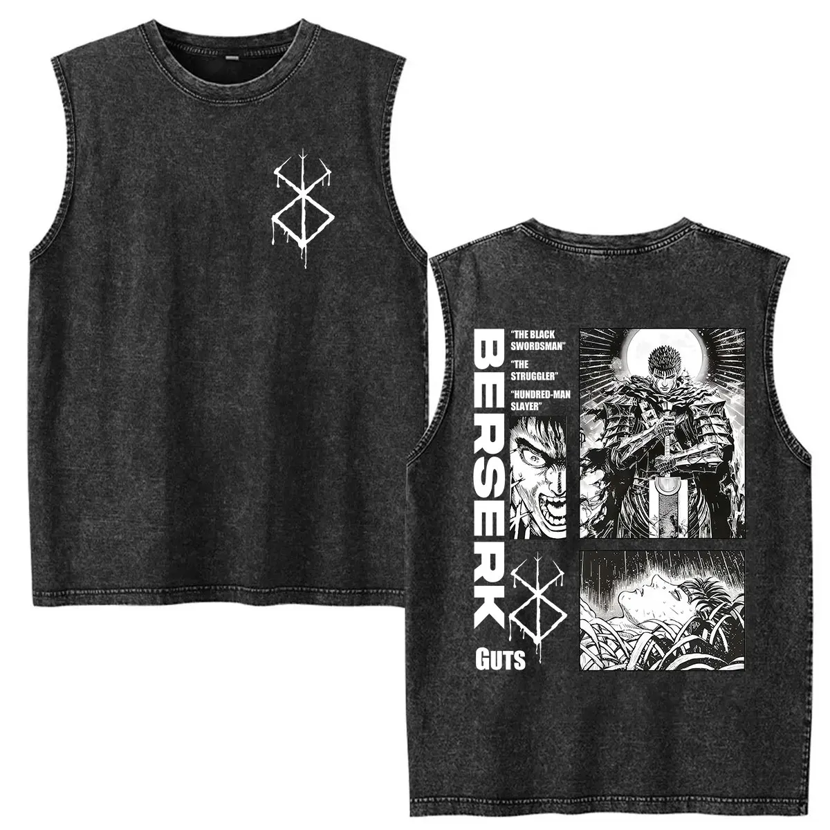Vintage Washed Ves Anime Berserk Guts Graphic T Shirts Men's Casual Cotton Short Sleeve T-shirt Clothing O-Neck Tank Top T-shirt