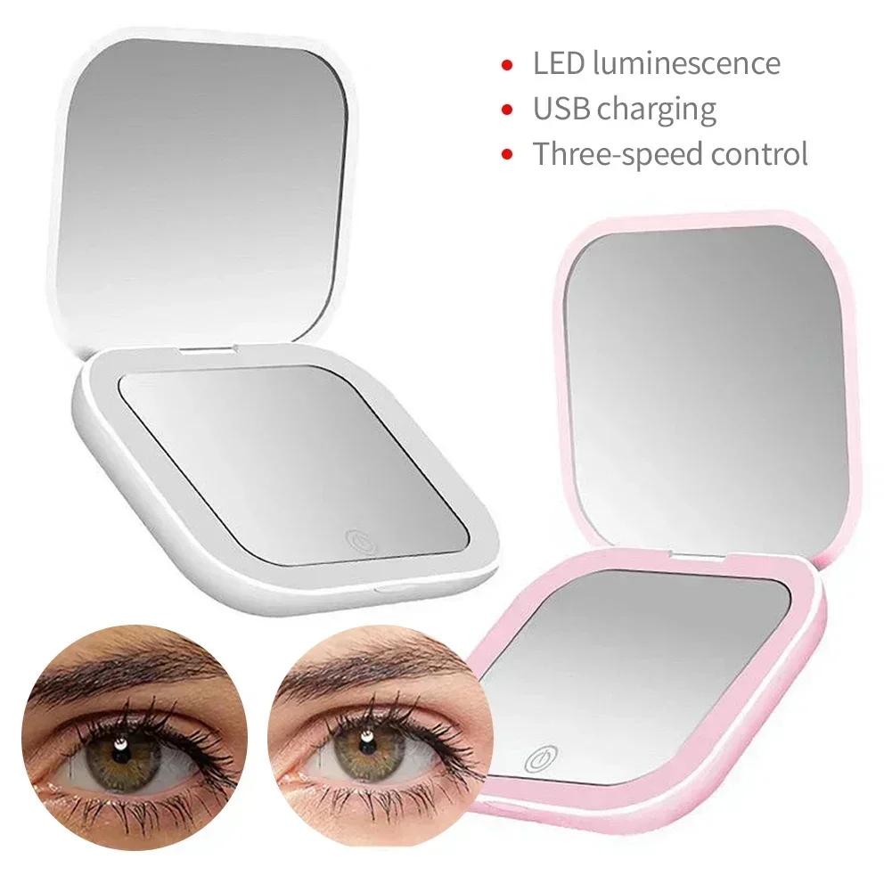 USB Portable Hand Held Pocket Makeup Mirror LED Vanity Mirror with Touch Screen Dimming Makeup Mirror